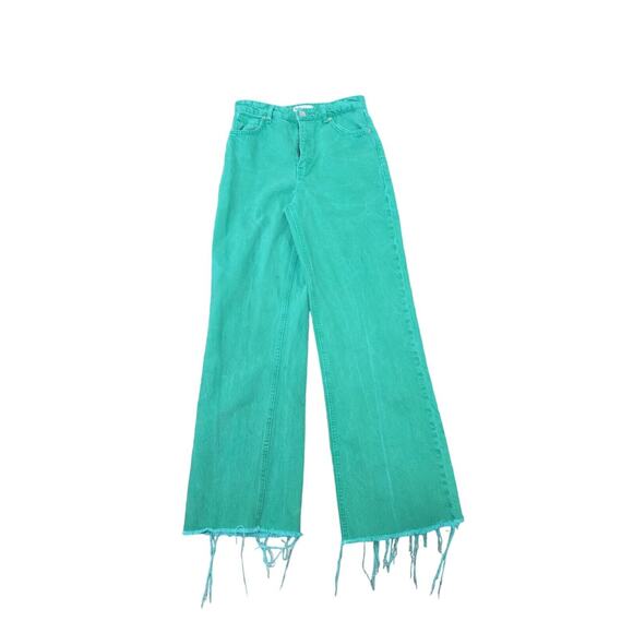 Zara Jeans Womens 4 Kelly Green Denim Wide Leg Straight Raw Hem - Picture 1 of 12